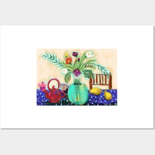 Green Flower Vase On Blue Polka Dot Table Cloth Posters and Art